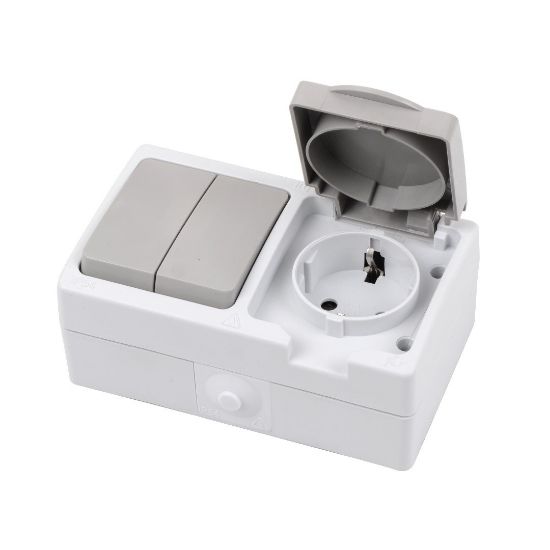 Выключатель двухклавишный + Розетка одинарная с крышкой для открытой установки Lezard IP54, белая rasm