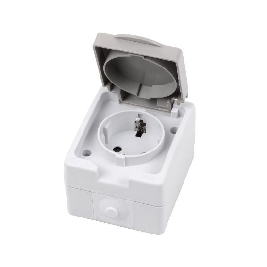 Изображение Розетка одинарная с крышкой для открытой установки Lezard IP54, белая
